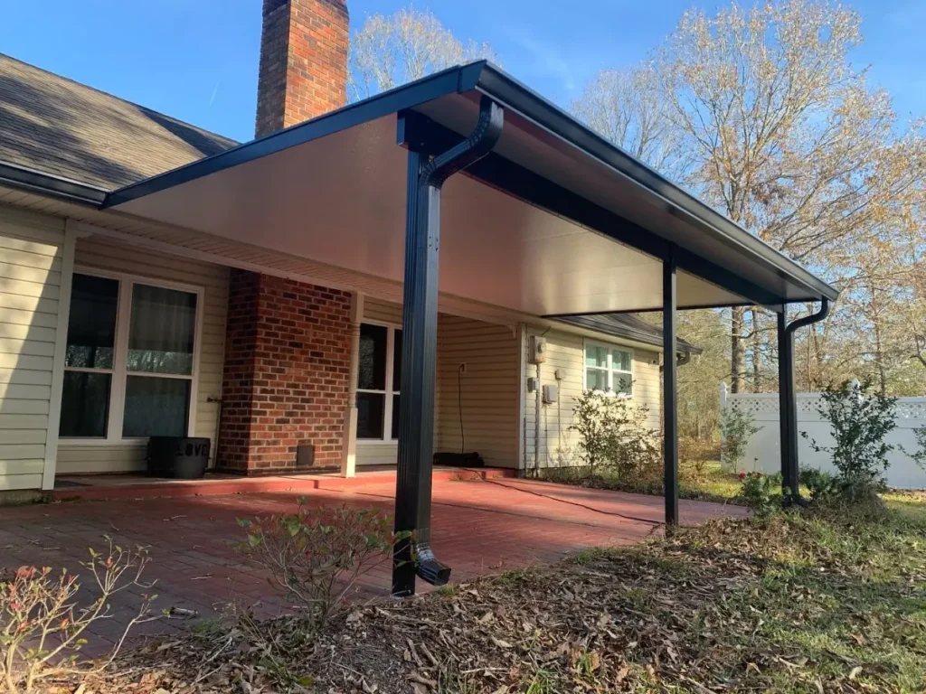 tiger town construction insulated patio cover bronze frame brick chimney fall