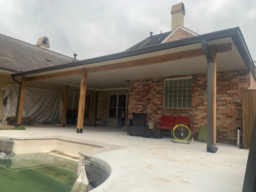 tiger town construction insulated patio cover bronze frame cedar columns pool construction