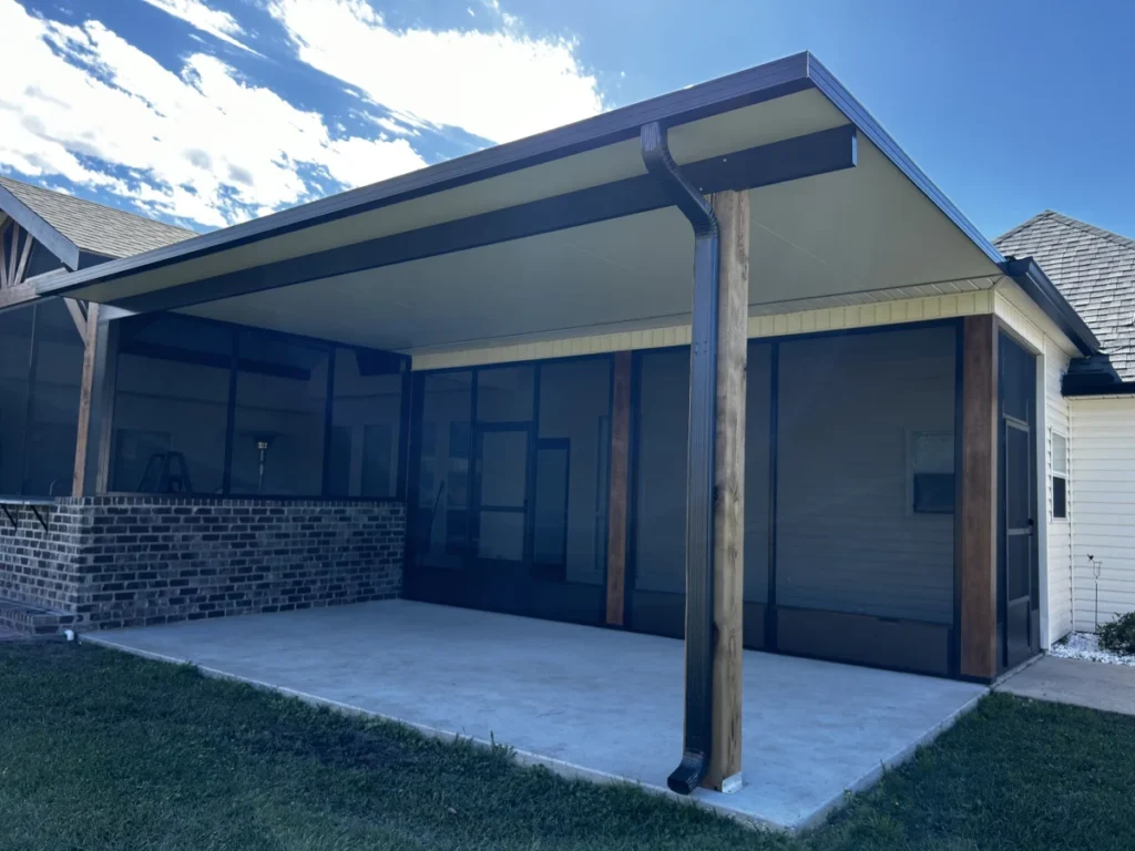 tiger town construction insulated patio cover screened room combo cedar columns blue sky