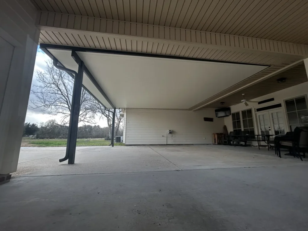 tiger town construction insulated patio cover underside beadboard ceiling rural field