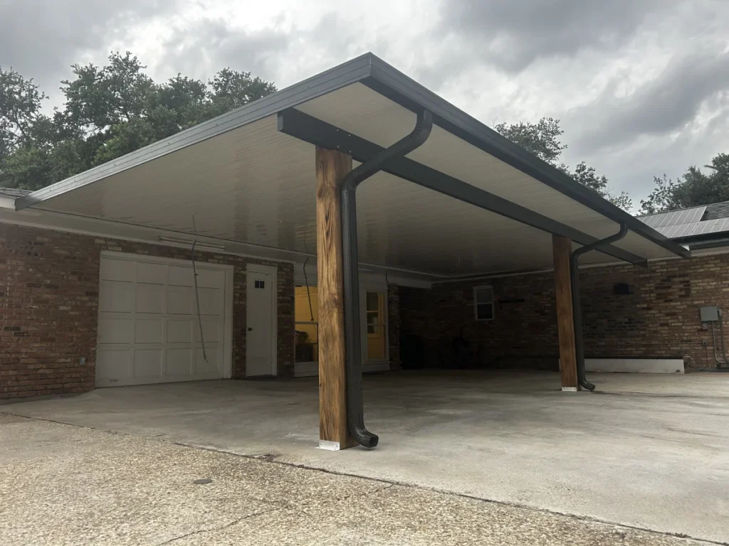 tiger town construction non insulated patio cover cedar column carport brick home cloudy