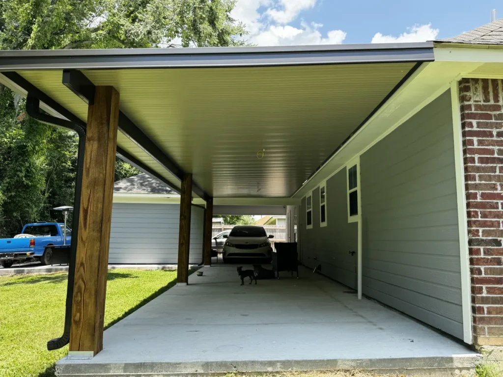 tiger town construction non insulated patio cover cedar column carport gray home blue truck