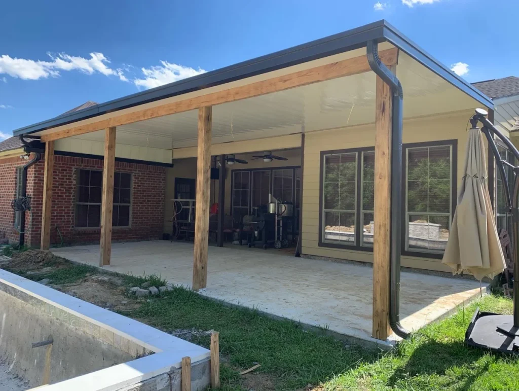 tiger town construction non insulated patio cover cedar columns brick home umbrella