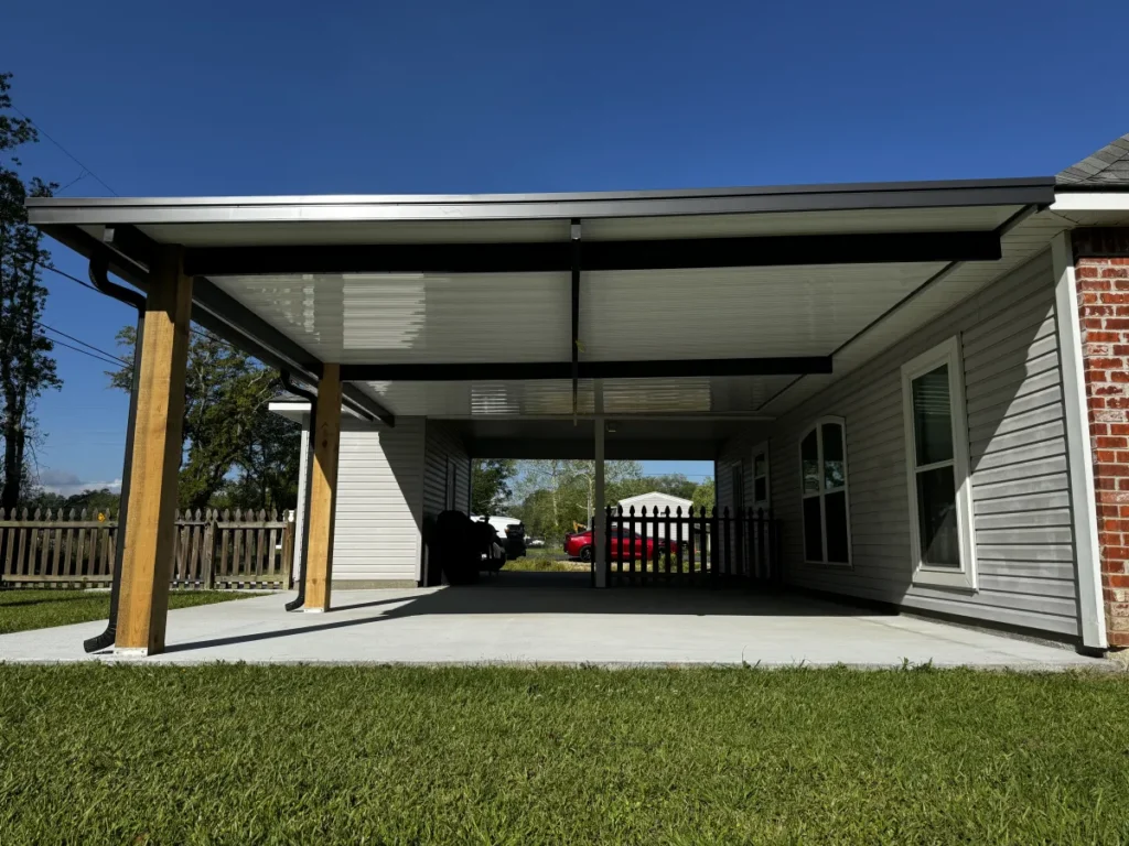 tiger town construction non insulated patio cover cedar columns gray home carport clear day
