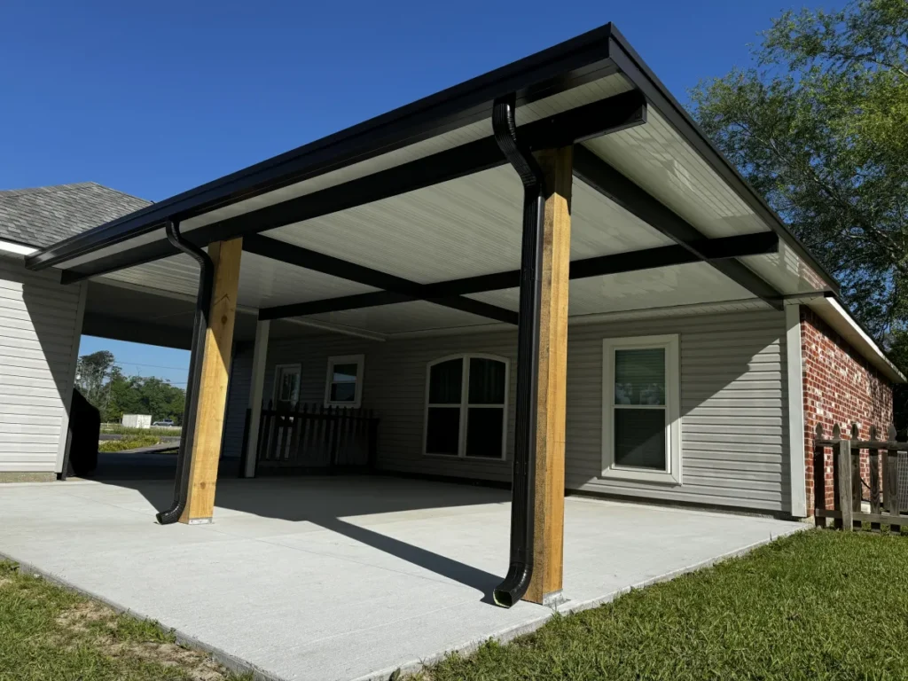 tiger town construction non insulated patio cover cedar columns gray home wide new build