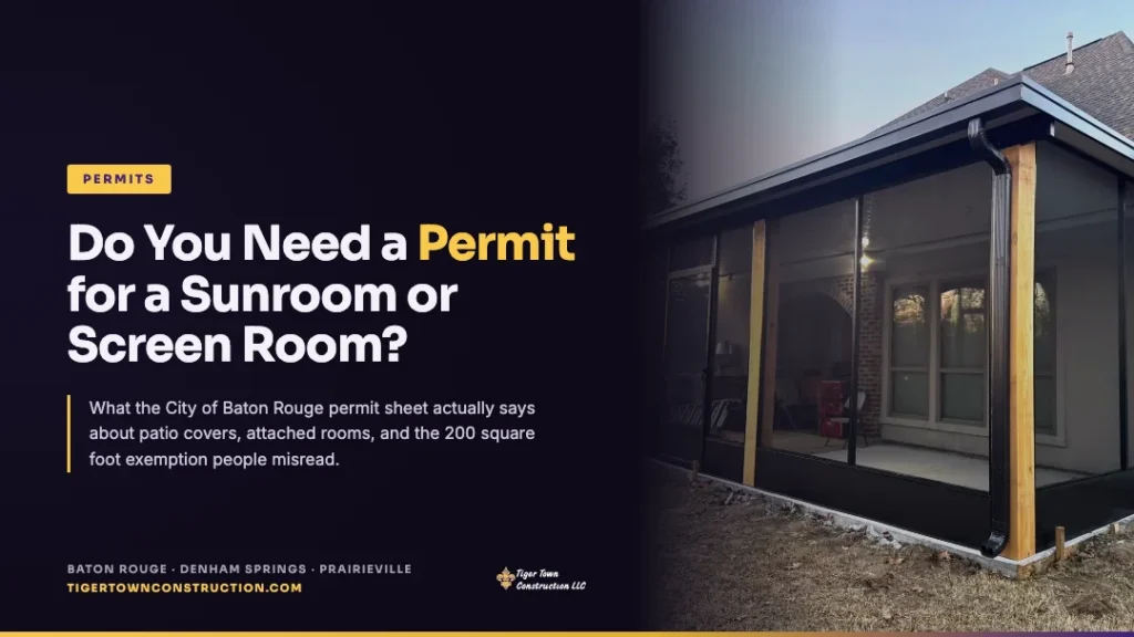 Featured card reading Do You Need a Permit for a Sunroom or Screen Room, beside a black-frame screen room with wood posts attached to a brick home built by Tiger Town Construction