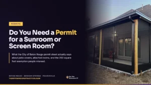 Featured card reading Do You Need a Permit for a Sunroom or Screen Room, beside a black-frame screen room with wood posts attached to a brick home built by Tiger Town Construction